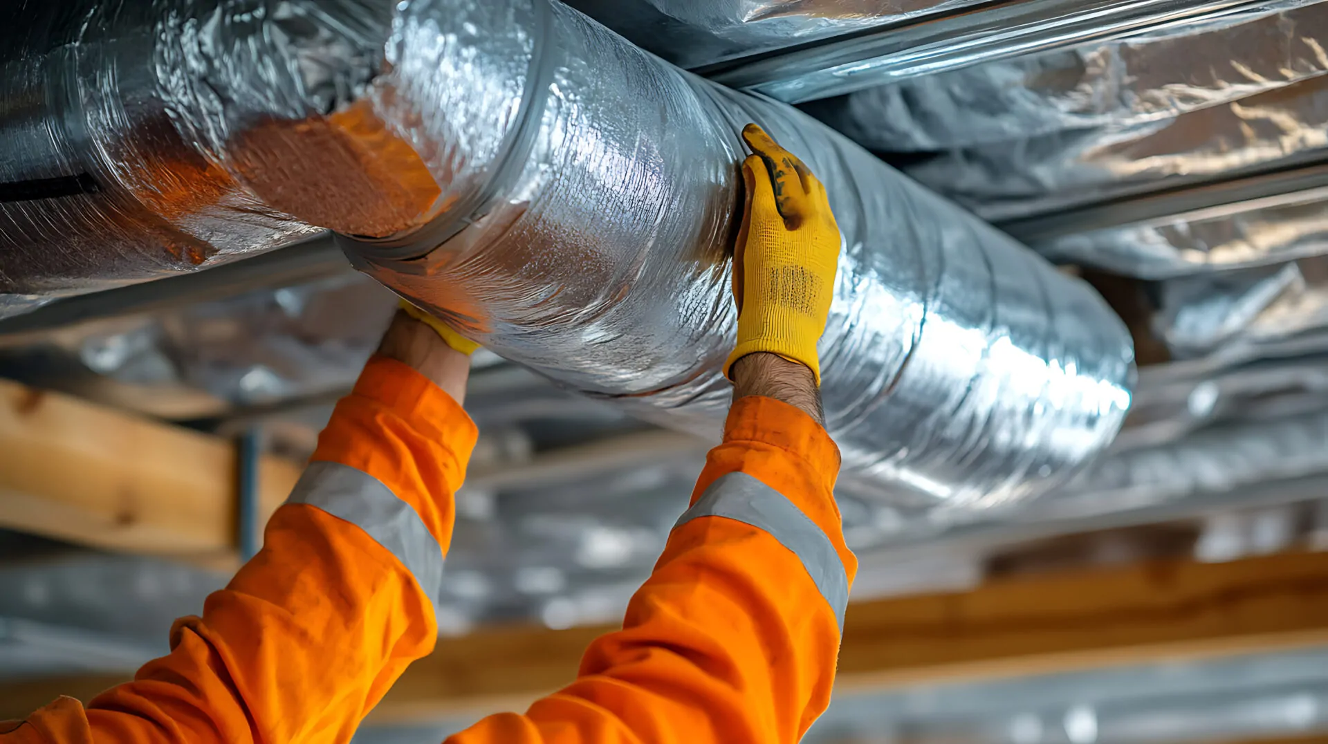 Worker Installing Insulated Ductwork
