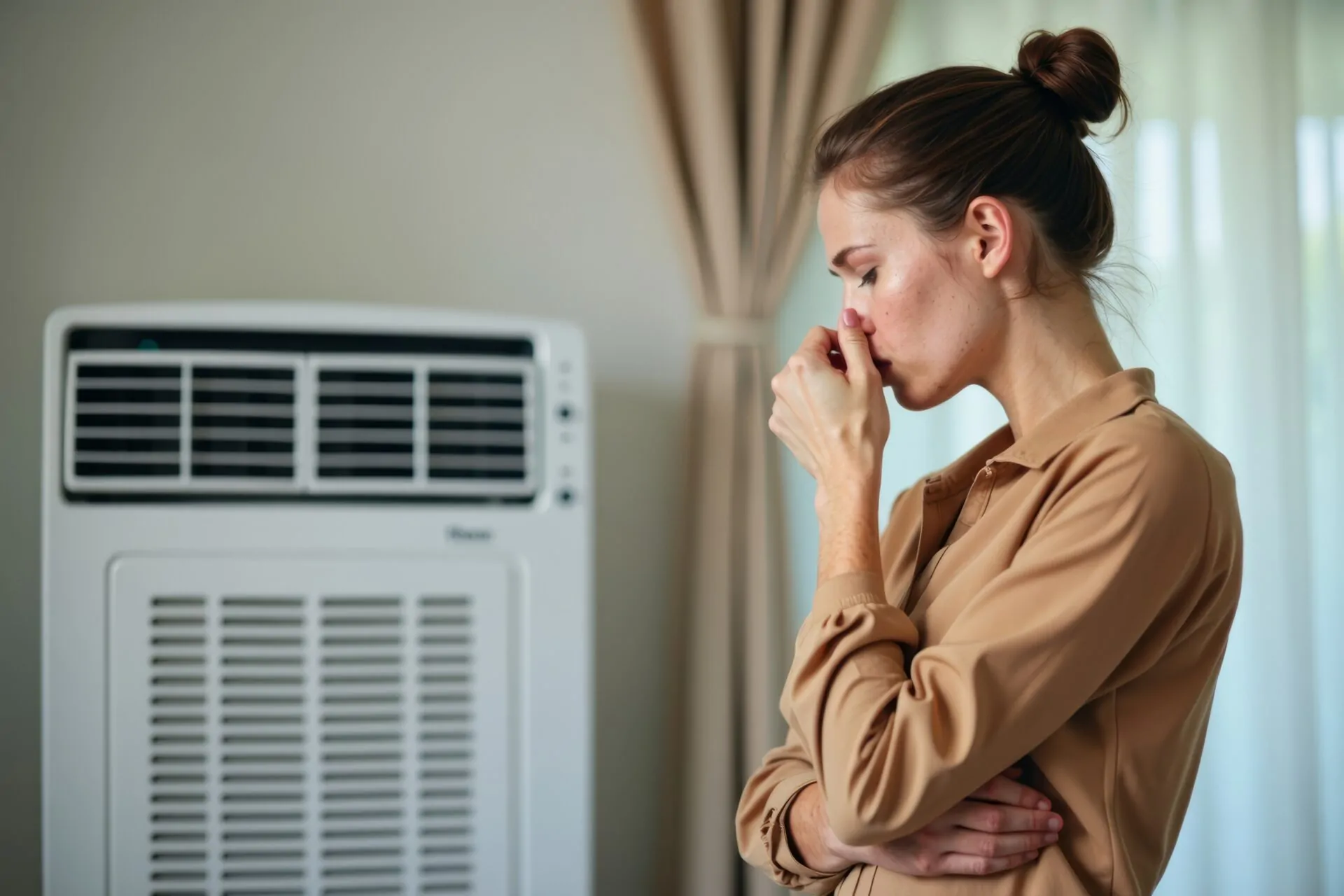 Woman grimacing in front of a foul-smelling HVAC air conditioner, reacting to HVAC smells coming from the unit