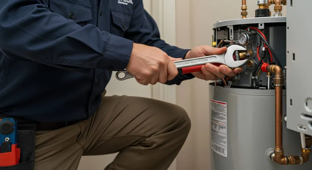 Technician repairing water heater problems by tightening components with a wrench for professional maintenance