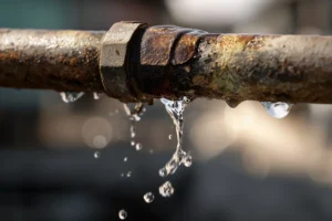 Leaky rusted pipe with dripping water caused by water pipe corrosion in Phoenix, highlighting plumbing damage and maintenance issues