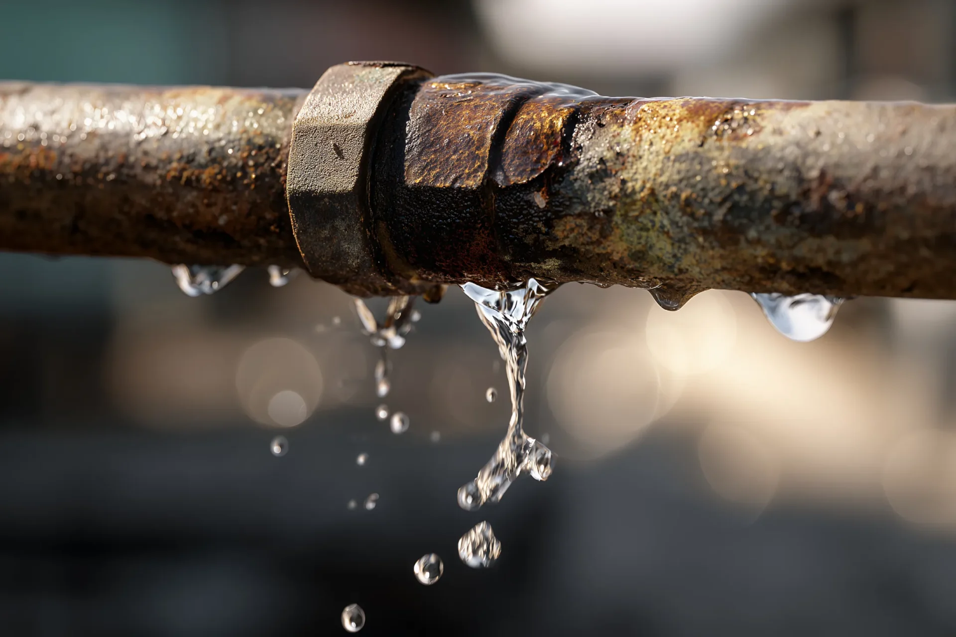 Leaky rusted pipe with dripping water caused by water pipe corrosion in Phoenix, highlighting plumbing damage and maintenance issues