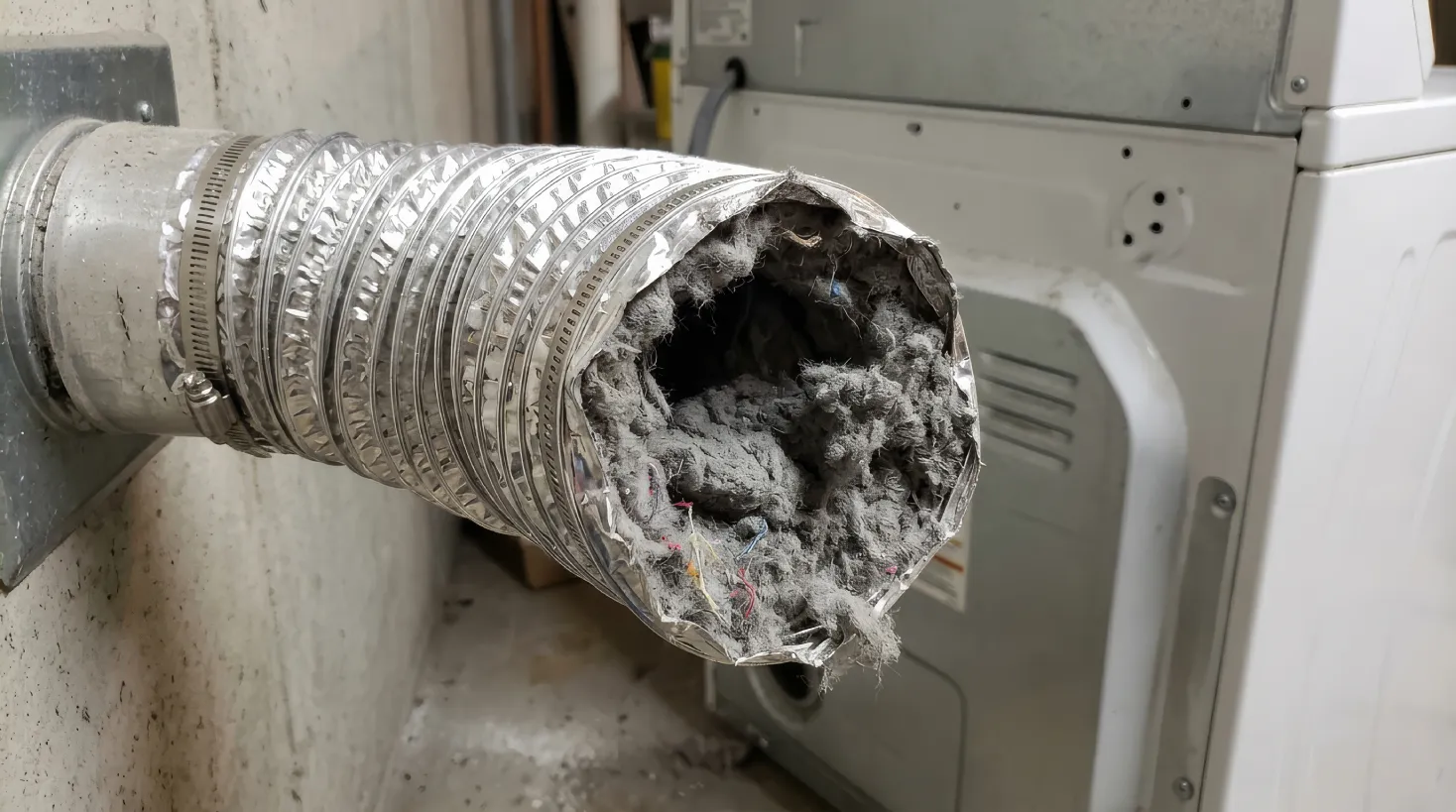 Lint-clogged flexible transition hose on a Phoenix home dryer requiring professional dryer vent cleaning