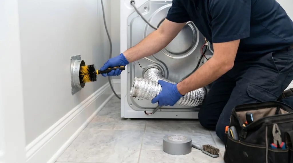Technician performing dryer vent cleaning Phoenix homes need using a rotary brush on the duct connection