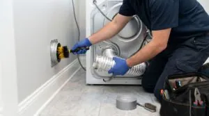 Technician performing dryer vent cleaning Phoenix homes need using a rotary brush on the duct connection