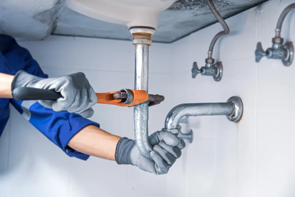 Licensed plumber repairing a sink drain pipe — summer plumbing repairs in AZ
