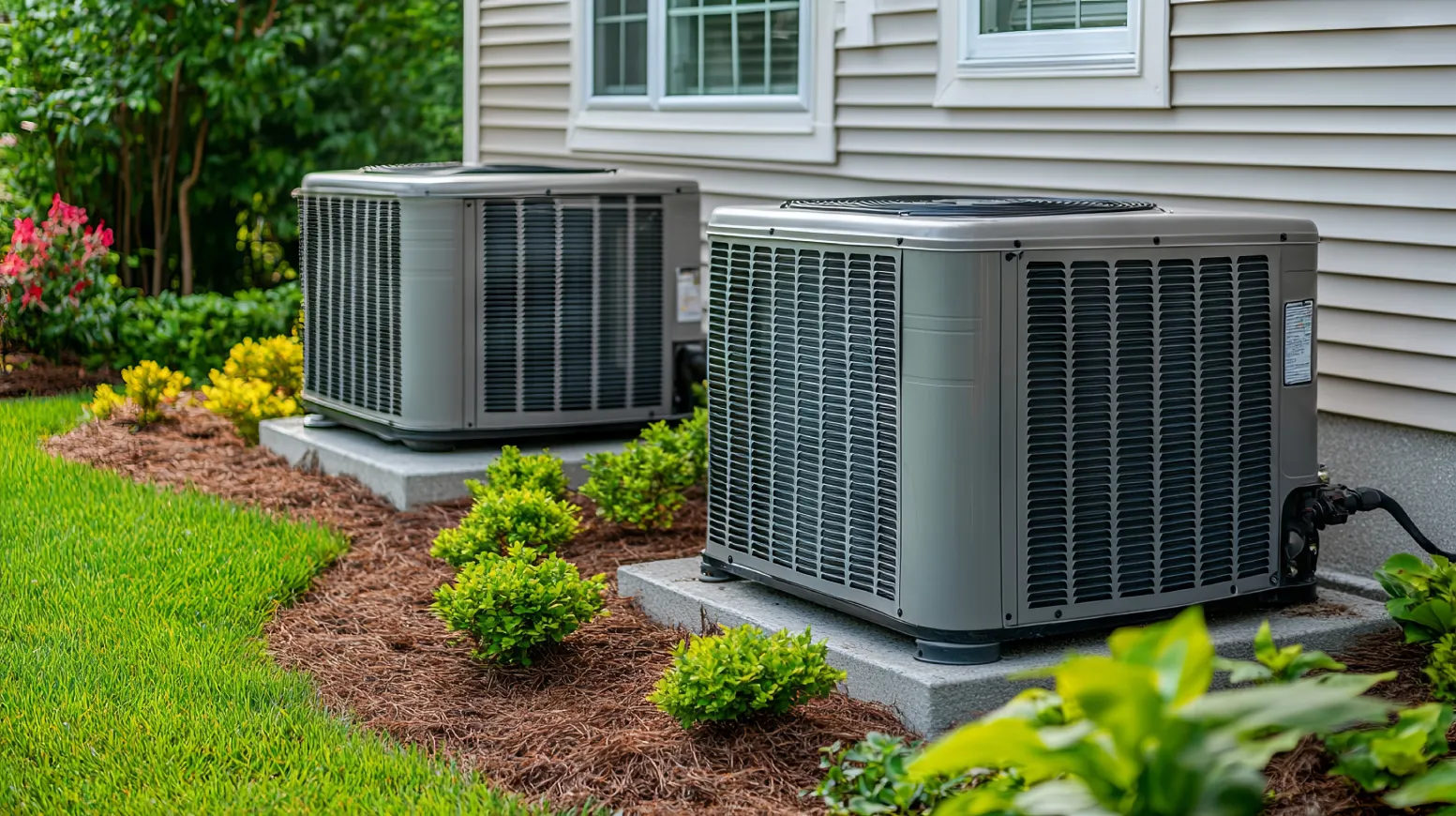 Outdoor AC condenser units beside a home, kept clear of debris to keep your home cool without overworking your AC