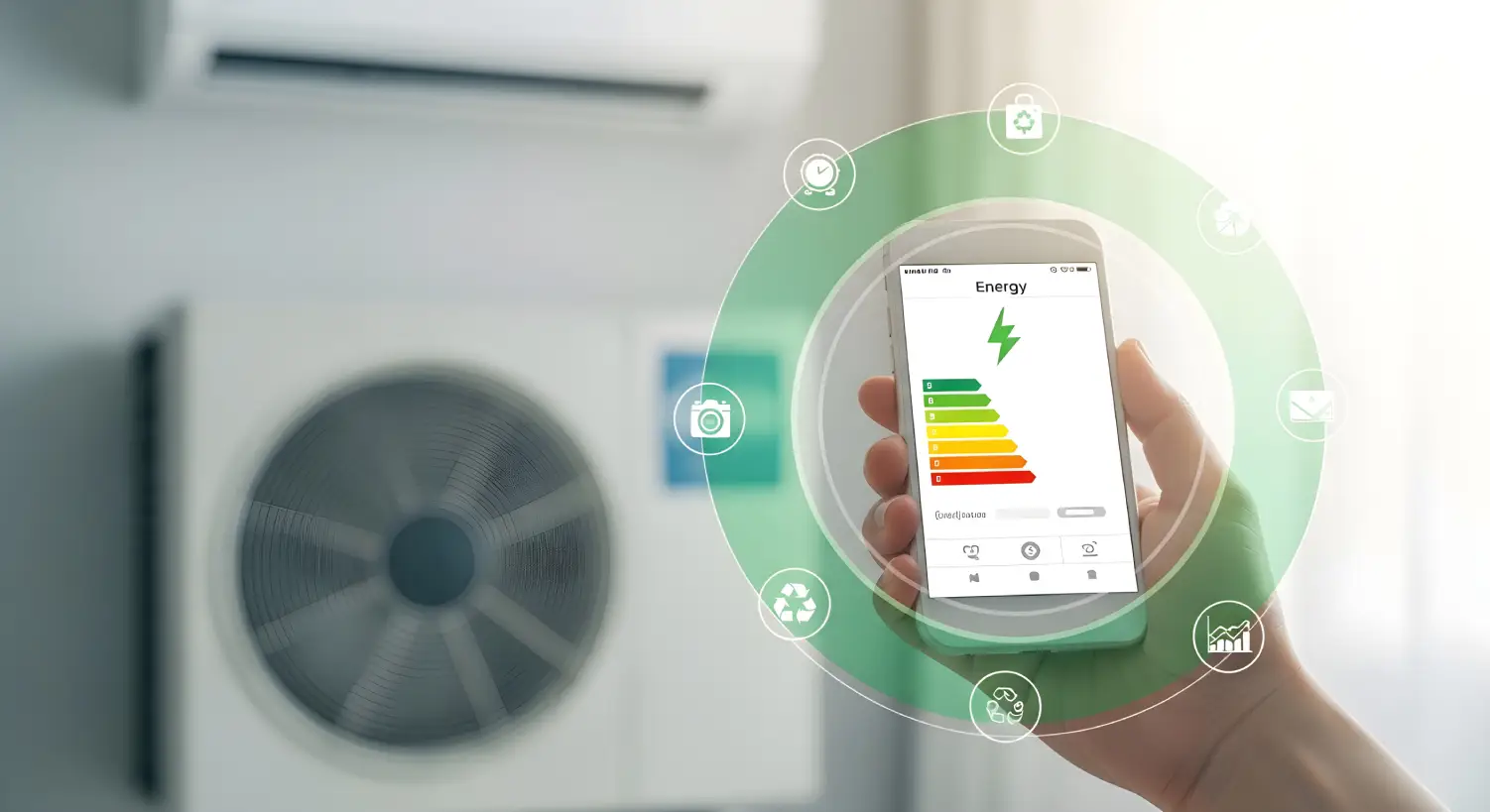 Energy efficiency rating shown on a phone next to an AC installation Phoenix condenser unit