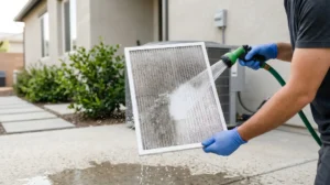 How often should you change your AC filter in Phoenix — technician rinsing dust off filter